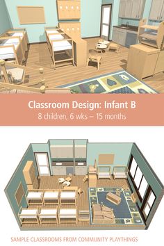 This layout design for an Infant classroom includes a protected napping area, a carpeted play area, cubbies, and separate feeding and diapering areas. Click through to view the labeled floor plan and 3-D rendering, plus a complete pricelist, so you can purchase furniture for a whole room or pick and choose ideas. Visit our “Classroom Layout Designs” board to explore more! Home Daycare Layout Floor Plans, Infant Classroom Design, Daycare Facility Design, Daycare Center Layout Floor Plans, Daycare Center Interior Design, Childcare Centre Design