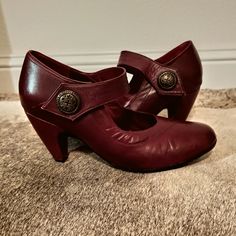 These Vintage Mary Jane-Style Shoes Are A Beautiful Burgundy Color, With Approx. 2.5" Heels And Velcro Closure. Never Worn, In Original Box. European Size 40, A Little Too Small For My Size 9 Feet. Would Be Just The Thing For Swing Dancing, Or For The Vintage Fashionista! From A Smoke And Pet-Free Home. Burgundy Almond Toe Heels Medium Width, Vintage Burgundy Heels With Round Toe, Vintage Burgundy Closed Toe Heels, Burgundy Low Heel Heels With Medium Width, Burgundy Low Heel Medium Width Heels, Flapper Shoes, Collection Board, Swing Dancing, My Size