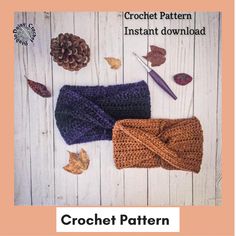 the crochet pattern is shown with autumn leaves and acorns around it