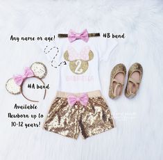 "\"Personalized MINNIE MOUSE GOLD SEQUIN SHORT SET\" Shoes not for sale, display purpose only! However you can find them at our retail locations :) TOP: Our design cross back flutter sleeve LEOTARDs/bodysuits/shirts and matching shirts professionally Heat Pressed with State of Art quality image printing technique. ( Not regular iron on image!) MINNIE FACE SILHOUETTE + your little one's name or number! S/S= Short Sleeves L/S= Long Sleeves - long sleeves available only in regular bodysuits. #A MIN Gold Sequin Shorts, Mouse Headband, Face Silhouette, Minnie Mouse Headband, Minnie Mouse 1st Birthday, 1st Birthday Outfit, Sequin Short, Embellished Headbands, Minnie Birthday