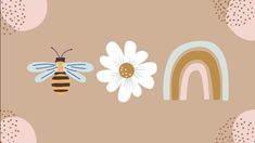 a flower and a bee on a brown background with rainbows, clouds, and dots