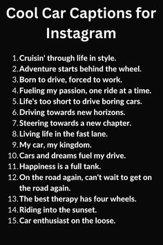 A list of Car Captions for Instagram Inspirational Captions For Instagram, Car Captions, Car Quotes For Instagram, Inspirational Captions, Cute Insta Captions, New Car Quotes, Dreamy Quotes, Driving Quotes, Captions For Instagram Posts