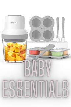 the baby essentials set includes an electric blender, food containers and utensils