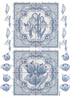 two cross stitch patterns with blue flowers and birds on them, one is in the center