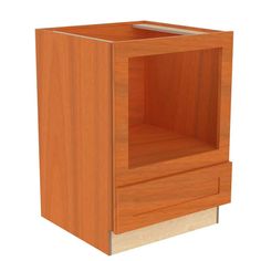 a wooden cabinet with two drawers on one side and an open drawer on the other