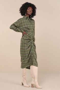 Cooler days always get us searching for the perfect fall looks, like the Lulus Seasonal Spirit Green Plaid Ruched Long Sleeve Midi Dress! Lightweight woven fabric boasts a timeless plaid pattern as it shapes long sleeves (with button cuffs) and a collared neckline. Functional button placket runs the length of the dress, across a fitted waist and a strategically ruched skirt that finishes at a midi hem. Fit: This garment fits true to size. Length: Mid-calf length. Size medium measures 47" from sh Plaid Midi Length Dress For Daywear, Plaid Midi Dress For Daywear, Midi-length Plaid Dress For Fall, Fall Gingham Plaid Midi Dress, Plaid Long Sleeve Dress For Daywear, Fall Plaid Midi Dress, Ruched Skirt, Sleeve Midi Dress, Long Sleeve Midi