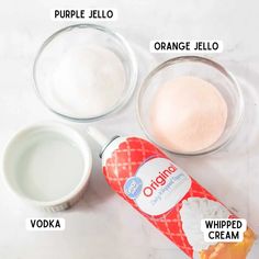 ingredients needed to make orange jello recipe displayed on white marble counter top with text