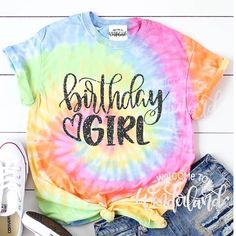 BIRTHDAY GIRL Our exclusive and original BIRTHDAY GIRL design is printed in SPARKLY BLACK glitter print on a tie dye face mask or tee. Each batch of tie dye is unique so color placement and pattern will vary. Pastel purple shirts here: https://www.etsy.com/listing/1004820791/birthday-girl-tie-dye-pastel-purple-pink? Other colors are available at your request. Convo me for all options. DIY DECALS are available in the DIY BIRTHDAY DECAL section. Add a back design instructions: To add a back design Tie Dye Birthday, Matching Sisters, Girls Tie, Birthday Girl Shirt, Glitter Print, Girls Girl, Purple Shirt, Girl Shirt, Birthday Design