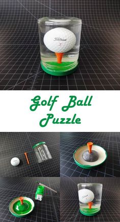 the golf ball puzzle is shown in three different stages, including one being put into a cup