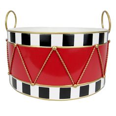 a red and black basket with rope handles