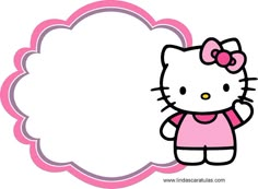 a hello kitty with a pink dress and bow on it's head is standing in front of a blank sign