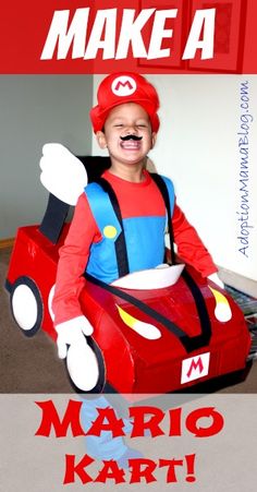 a young boy dressed up as mario kart with the caption, make a mario kart