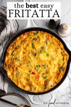 the best easy frittata recipe in a cast iron skillet with text overlay