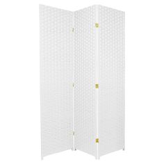 a white room divider with holes on the side and gold hardwares in it