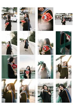 a collage of photos with women dressed in graduation gowns and holding red flowers