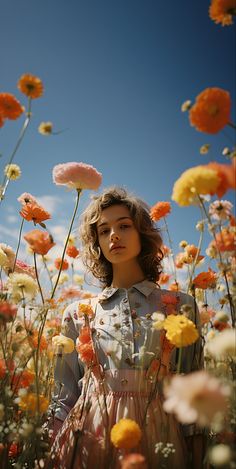 a woman standing in a field of flowers