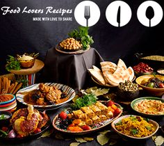 a table full of food with the words food looms recipes written on it in white