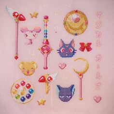 the cross stitch pattern has various items on it