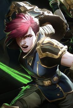 an animated character with pink hair and green eyes in front of another character wearing armor