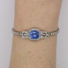 Platinum and 14 Karat White Gold Diamond and Sapphire Art Deco Bracelet White Gold Diamond Bracelet, Honey Jewelry, Art Deco Bracelet, Gems Bracelet, Vintage Sapphire, White Bracelets, Sapphire Bracelet, Sapphire Jewelry, Something Blue