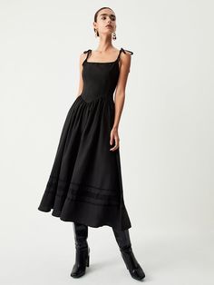 Black Sleeveless Midi Dress, Bow Style, Bleach Wash, Pleated Midi Dress, Tie Dress, Style Elegant, Black Midi Dress, Fitted Dress, Elegant Dresses