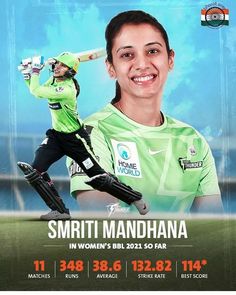 an advertisement for a women's cricket team featuring a woman in green jersey holding a bat