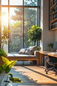 the sun shines through large windows in an office