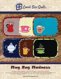 an advertisement for the lunch box quilts, featuring mugs and teapots