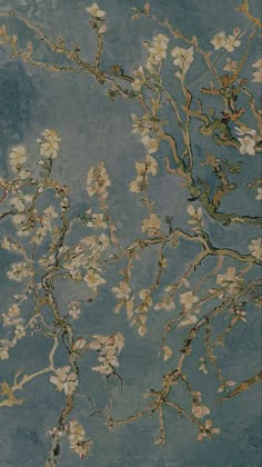 an artistic painting with white flowers on blue background