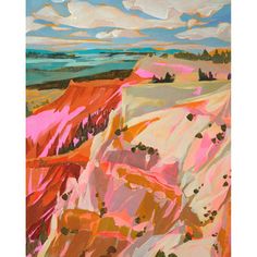 an abstract painting of pink, orange and white cliffs with blue sky in the background