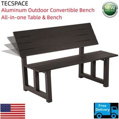 an outdoor table and bench are shown with the text, tepspace aluminum outdoor convertible bench all - in - one table & bench