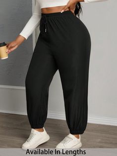 Plus Size Drawstring Waist Pants, Jogger Pants, Loose Fit Black Casual   Woven Fabric Plain Jogger Non-Stretch All,Spring/Summer/Fall Women Plus Clothing, size features are:Bust: ,Length: ,Sleeve Length: Marine Outfit, Winter Tights, Pants Jogger, Drawstring Waist Pants, Pants Loose, Womens Tights, Petite Women, Inspiration Mode, Kids Sleepwear