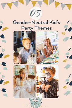 a birthday party flyer with photos of children in costumes and cake on the table, surrounded by confetti