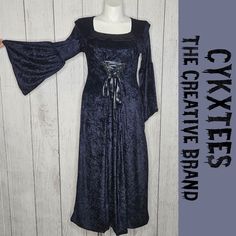 Vtg 90s Cykxtees Velvet Black/Blue Goth Victorian Renaissance Maxi Dress, Sz Xl Brand: Cykxtees The Creative Brand Made In The Usa 90s Goth Chick 1990s Maxi Length Long Bell/Flared Sleeves Corset In The Front, Under The Bust Lace Trim At The Neckline Volup Steampunk Goth Witch Costume Cosplay Renfest Renaissance Festival Reenactment Halloween Measures: (Taken Flat, Double Where Necessary) Pit To Pit - 21" Waist (When Corset Is At Its Loosest) - 19.5" Length - 52" In Good Vtg Condition Goth Witch Costume, Fitted Gothic Medieval Dress In Blue, Fitted Blue Gothic Dress, Blue Long Sleeve Gothic Dress, Fitted Gothic Velvet Dress, Fitted Velvet Gothic Dress, Goth Victorian, Steampunk Goth, Goth Witch