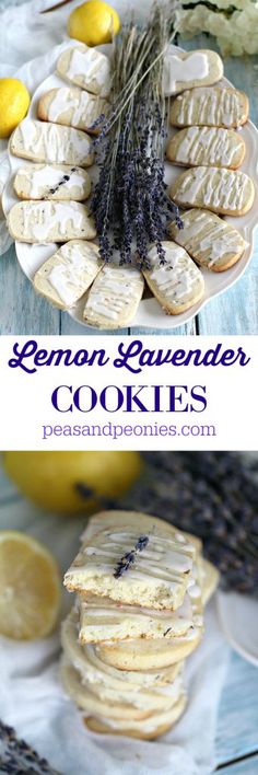 lemon lavender cookies on a plate with lavender sprigs and lemons in the background