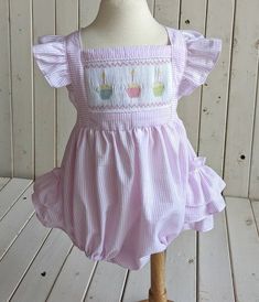 Little Girl's Birthday Bubblesuit. Ruffle Bottom - Etsy Cupcakes With Candles, Bubble Birthday, Hand Smocked Dress, Girls Smock, Baby Dedication, Kids Dress Wear, Toddler Summer, Birthday Party Outfits, Baby Fits