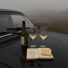 two glasses of wine and an open book on the hood of a car in the rain