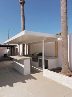 an outdoor kitchen and grill area with palm trees