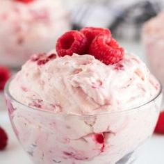 raspberry cheesecake ice cream in a glass bowl