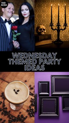 a couple standing next to each other in front of candles and pictures with the words wednesday themed party ideas