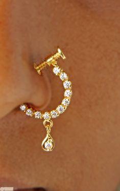 22K Gold Nath - Nose Ring with Cz - 235-GNP014 in 1.900 Grams Gold Diamond Nose Ring For Wedding, Gold Cubic Zirconia Nose Rings For Wedding, Gold Cubic Zirconia Wedding Nose Ring, Wedding Gold Cubic Zirconia Nose Rings, Gold Diamond Nose Ring Gift, Gold Nath, Nath Nose Ring, Nose Ring Jewelry, Gold Nose Ring