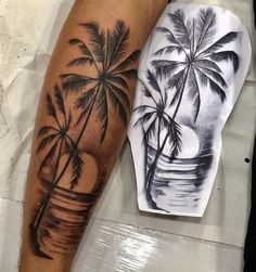 a man's arm with a palm tree tattoo on it, next to a piece of paper