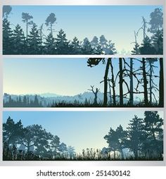 three horizontal banners with trees and mountains in the background, set of 3 different views