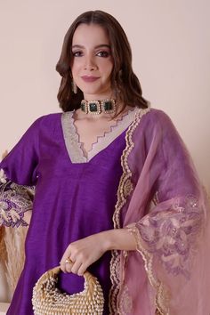 Purple kurta with a scalloped V neckline and floral sequin and pearl cutwork embroidery. Paired with a dhoti pant and scallop trimmed dupatta. - Aza Fashions Floral Work, Dhoti Pants, Cutwork Embroidery, Fashion App, Cut Work, Pant Set, Embroidered Silk, Set For Women, Aza Fashion