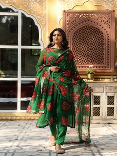 Minal Green Bandhej Georgette Kurta Set (Set of 4) By Gulabo Jaipur now available at Trendroots Gulabo Jaipur, Bandhej Print, Cotton Palazzo Pants, Georgette Kurta, Bandhani Print, Cotton Anarkali, A Line Kurta, Jungle Green, Indian Fashion Designers