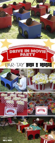 an outdoor movie party with red and white striped boxes, popcorn buckets and cars