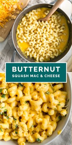 butternut squash mac and cheese in a skillet with the words butternut squash mac and cheese