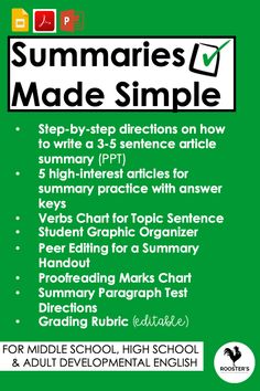 a green poster with the words summaries made simple