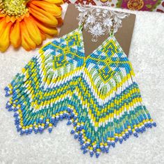 New! Artisan Handmade! Hand Beaded Large Southwest Style Fringe Earrings Long Large Lush & Lovely! Chevron Fringe Design! Spring & Summer Vacation Vibe In A Stunning Color Palate! Blue Green Yellow White Mix All Hand Beaded In Our Boutique! Double The Fringe Of Most Earrings! Runway High-End Boutique! Absolutely Stunning! Perfect For Party, Date Night, Career, Vacation Or Cruise! Lots Of Beads & Numerous Hours Went Into These Handcrafted Beauties! Lovely "One Of A Kind" Design Don't Let Them Sli Yellow Summer Festival Jewelry, Traditional Yellow Beaded Earrings With Tiny Beads, Handmade Yellow Beaded Earrings For Summer, Yellow Dangling Beads Earrings For Summer, Bohemian Yellow Beaded Earrings For Summer, Artisan Yellow Jewelry With Dangling Beads, Summer Yellow Dangling Beads Earrings, Bohemian Yellow Earrings For Beach, Yellow Summer Earrings With Dangling Beads