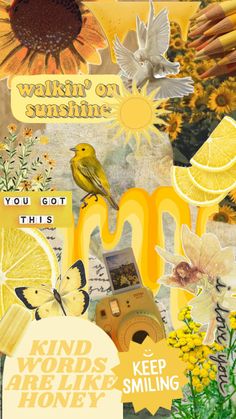 a collage with words and pictures on it, including sunflowers, lemons, butterflies, flowers, and other things